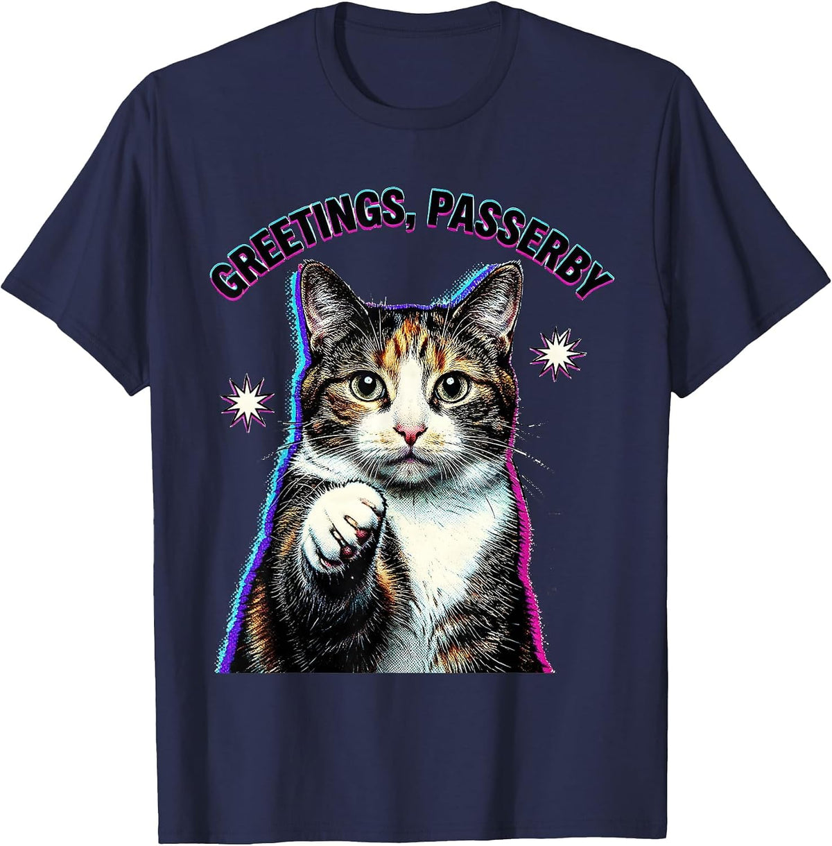 Greetings, Passerby Funny Cat Meme Bootleg Graphic T-Shirt - Navy Blue