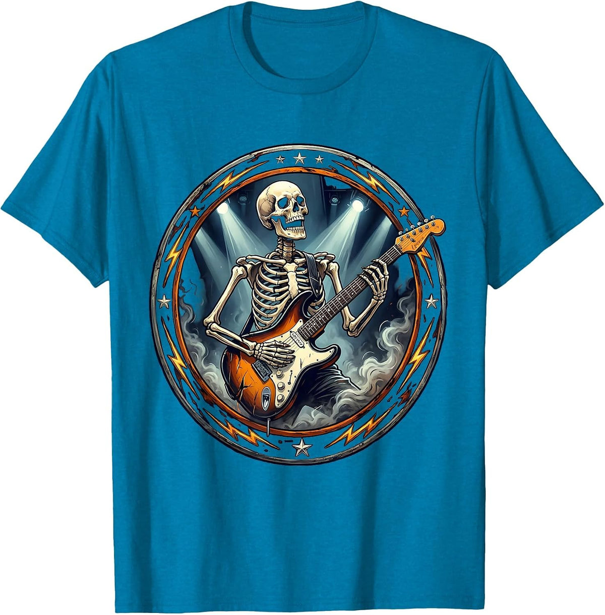 Skeleton Electric Guitar Player Stage Rock Art T-Shirt - Sapphire Blue