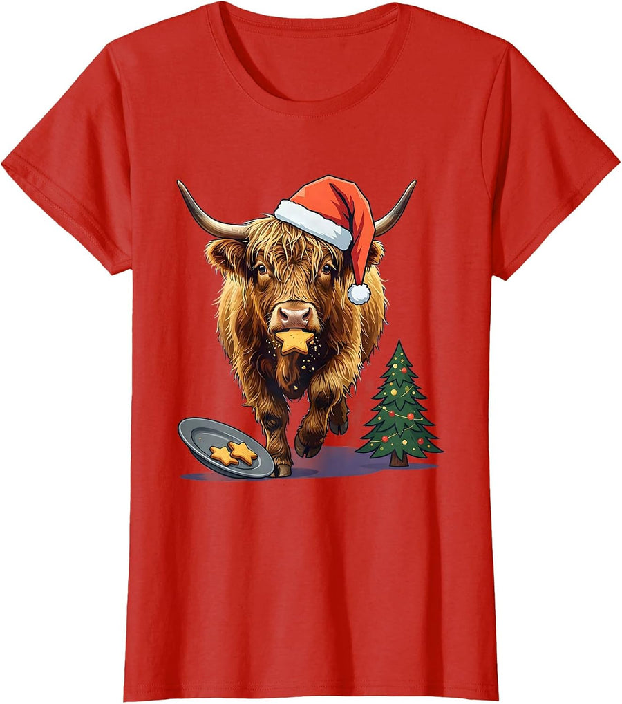 Women's Shaggy Highland Cow Christmas Holiday Humor T-Shirt - Red
