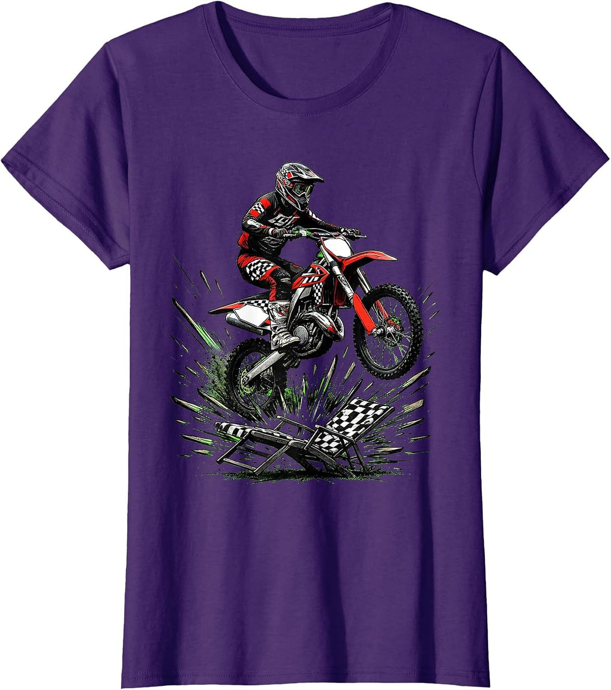 Women's Motocross Rider Helmeted Bike Over Lounge Chair Humor T-Shirt - Purple