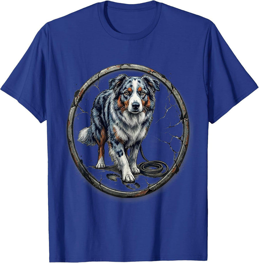 Aussie Shepherd Mini Dog Mom Distressed Badge T-Shirt - Royal Blue