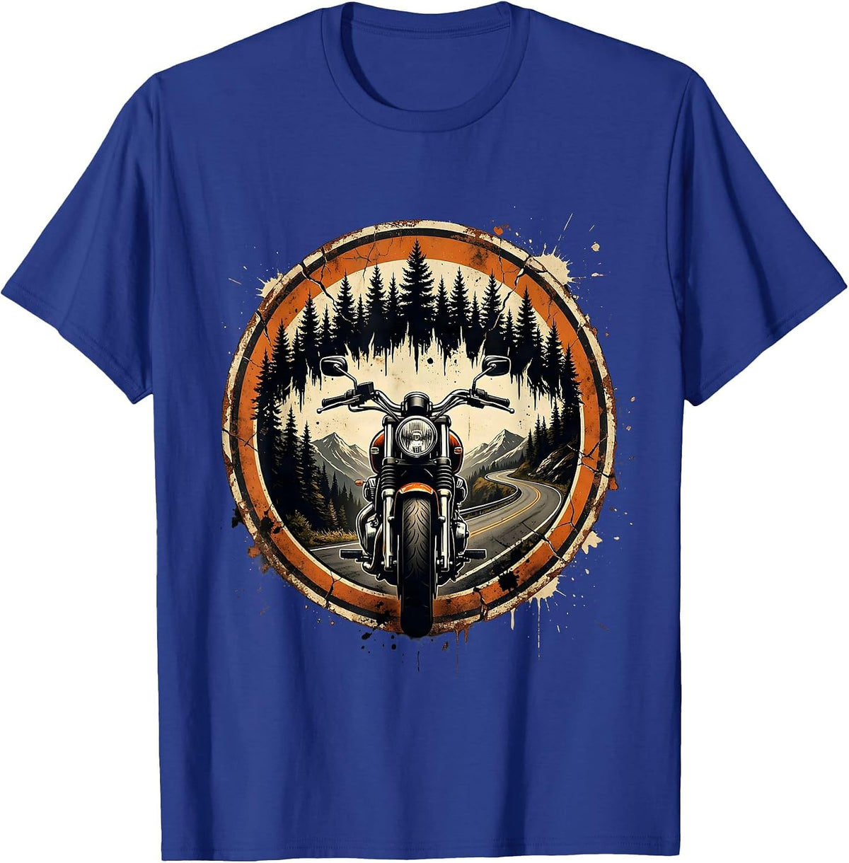 Mountain Road Pine Forest Biker Graphic Tee T-Shirt - Royal Blue