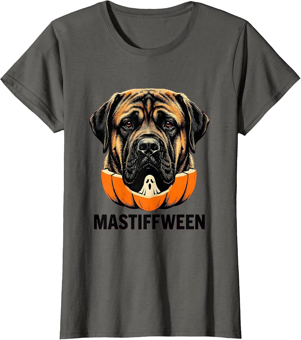 Women's Mastiffween Stencil Graphic Mastiff Dog Halloween Humor T-Shirt - Asphalt Grey