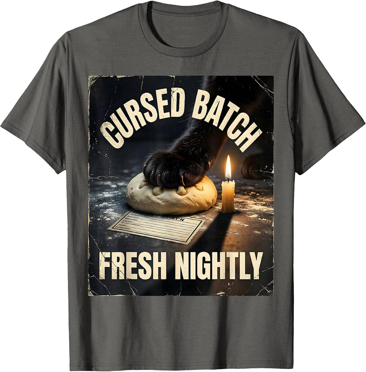 Men's Cursed Batch Fresh Nightly Distressed Black Cat Bakery Humor T-Shirt - Asphalt Grey