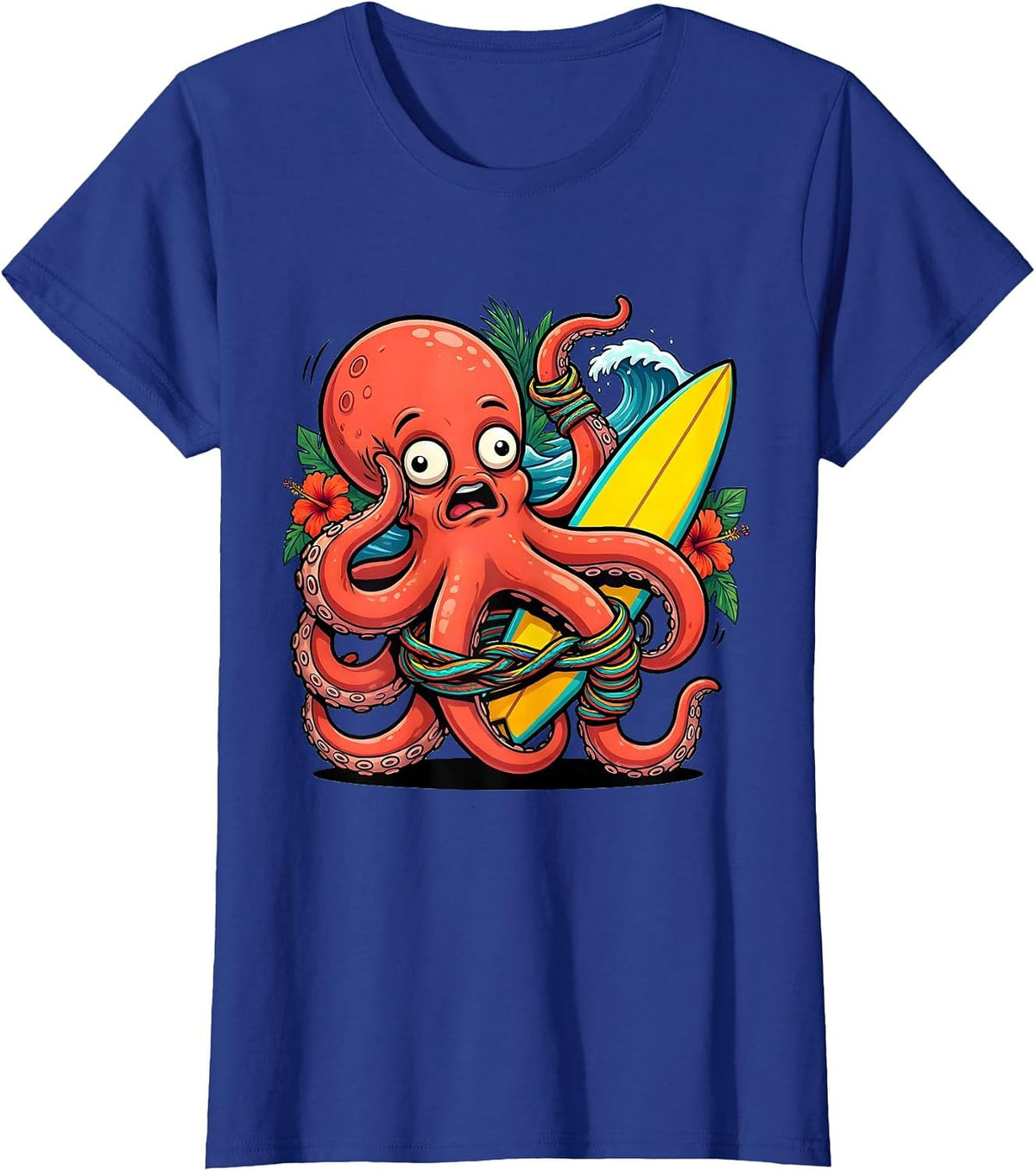 Women's Giant Octopus Tangled Surfboard Leash Hawaiian T-Shirt - Royal Blue