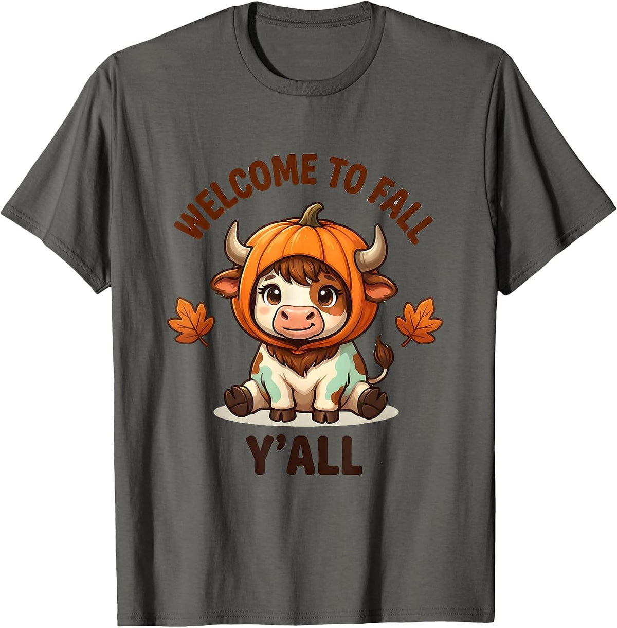 Welcome To Fall, Y'All Cute Highland Cow Halloween Fall T-Shirt - Asphalt Grey
