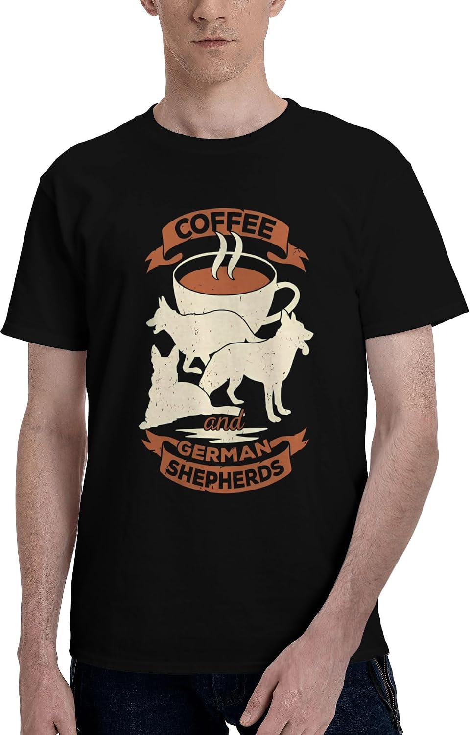 Men's T-Shirt,Coffee and German Shepherds Dog Lover,Solid Color Short Sleeve Tee Casual Summer Top - As Pictured