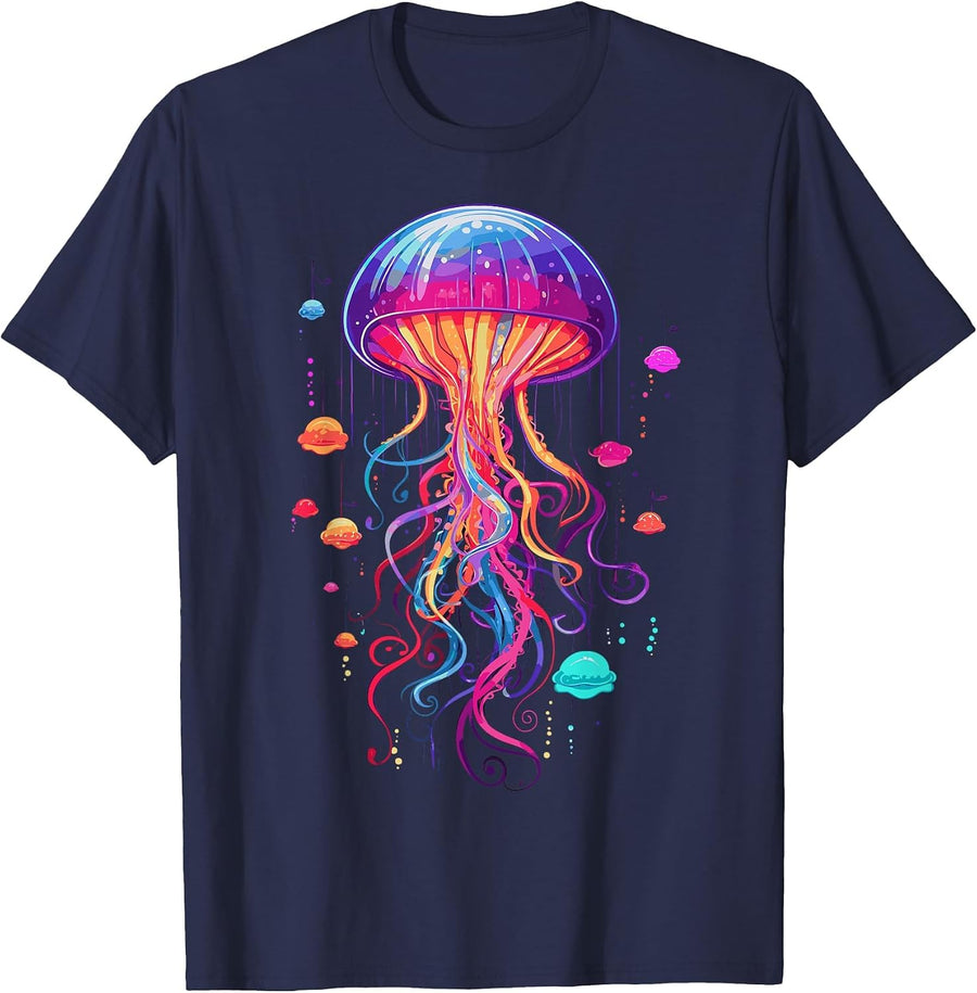 Jellyfish Ocean Animal Scuba Diving Rainbow Jelly Fish T-Shirt - Navy Blue