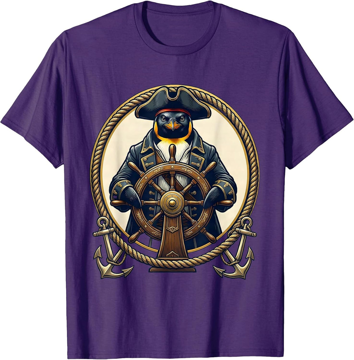Men's Penguin Pirate Steering a Tall Ship Wheel T-Shirt - Purple