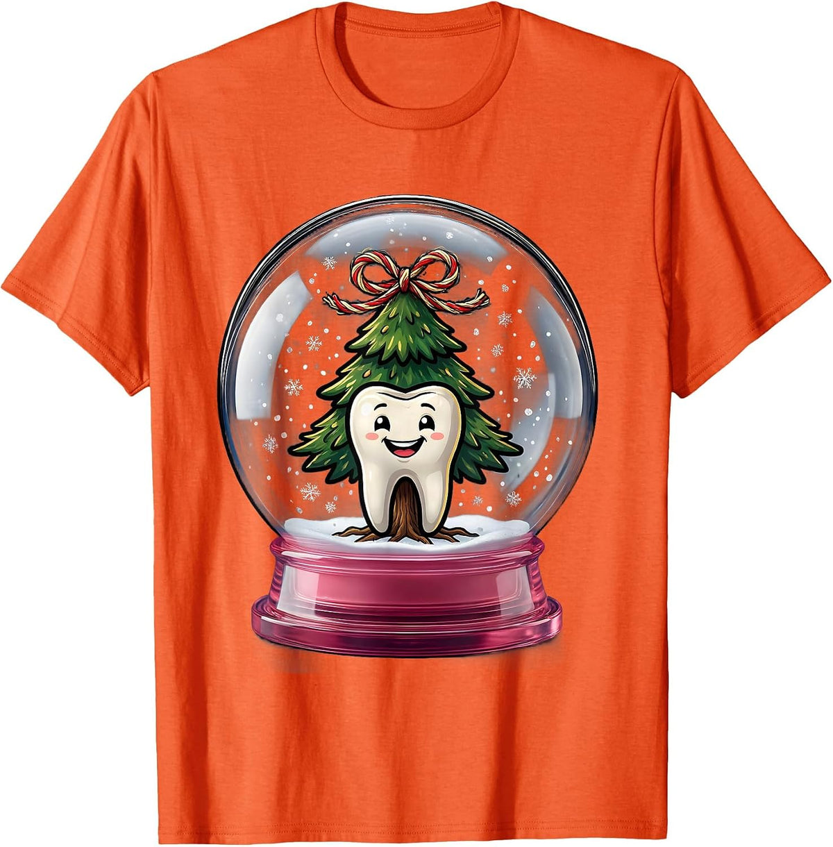 Men's Oversized Retainer Snow Globe Cartoon Dentist Christmas T-Shirt - Orange