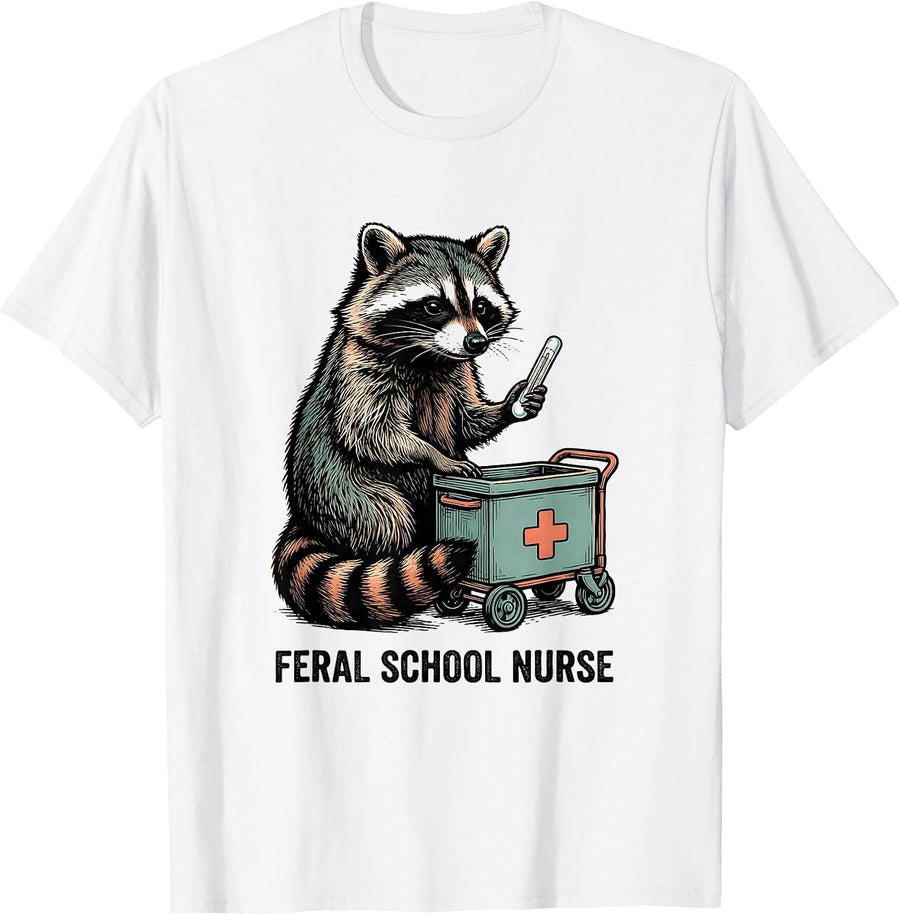 Men's Feral School Nurse Funny Raccoon Teacher Back to School T-Shirt - White