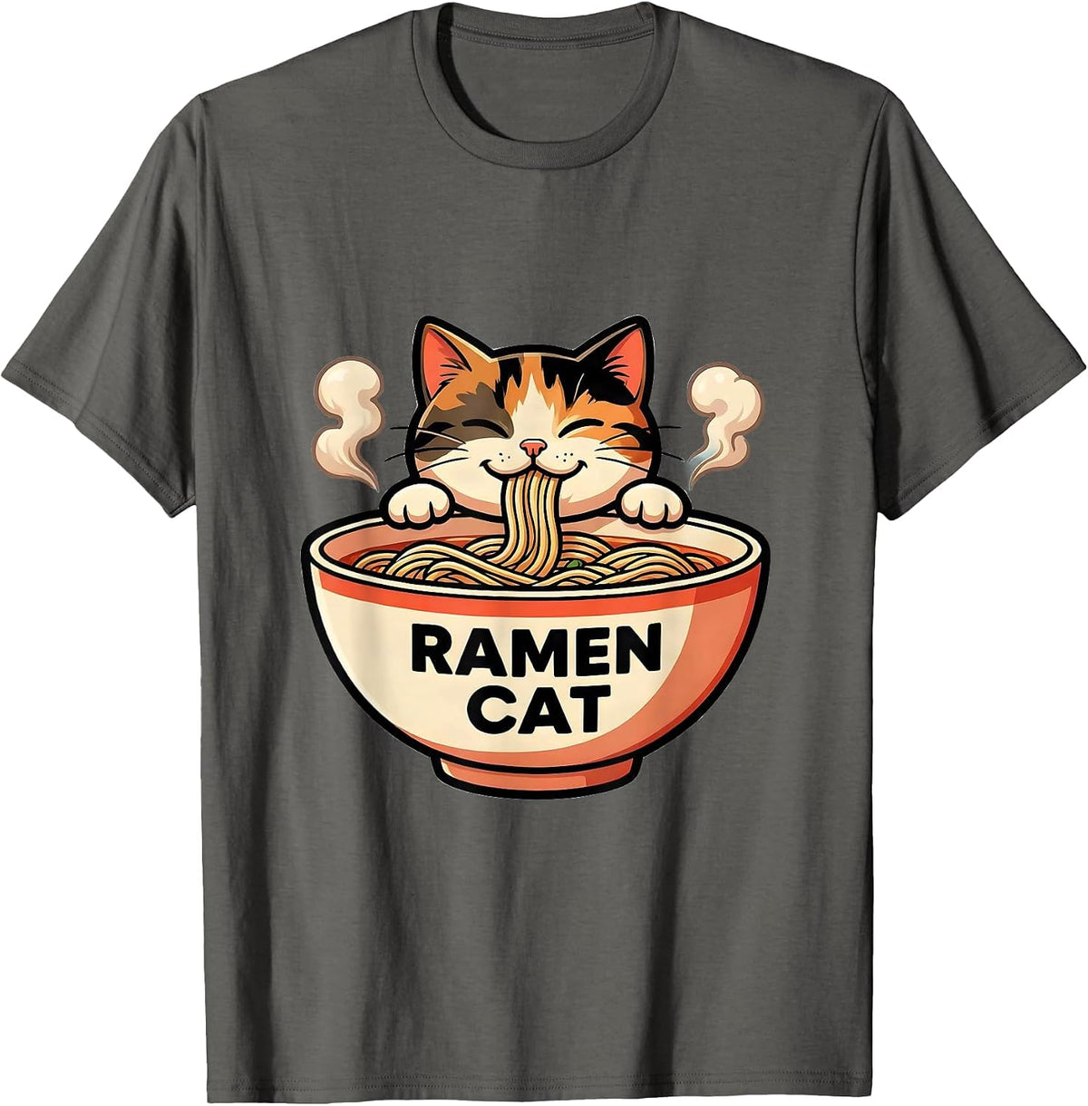 Ramen Cat Cute Kawaii Anime Animal Japanese Food Humor T-Shirt - Asphalt Grey