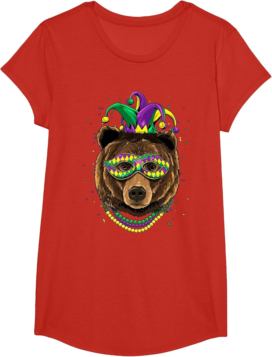 Bear Animal Lover Cute Mardi Gras Carnival Jester T-Shirt, Girls, Red, X-Small - As Pictured