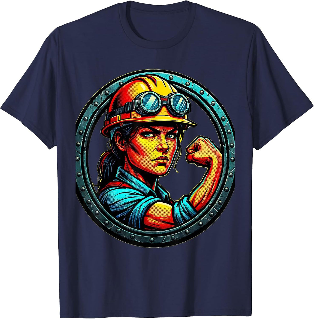 Rosie the Riveter Hard Hat and Goggles Illustration T-Shirt - Navy Blue