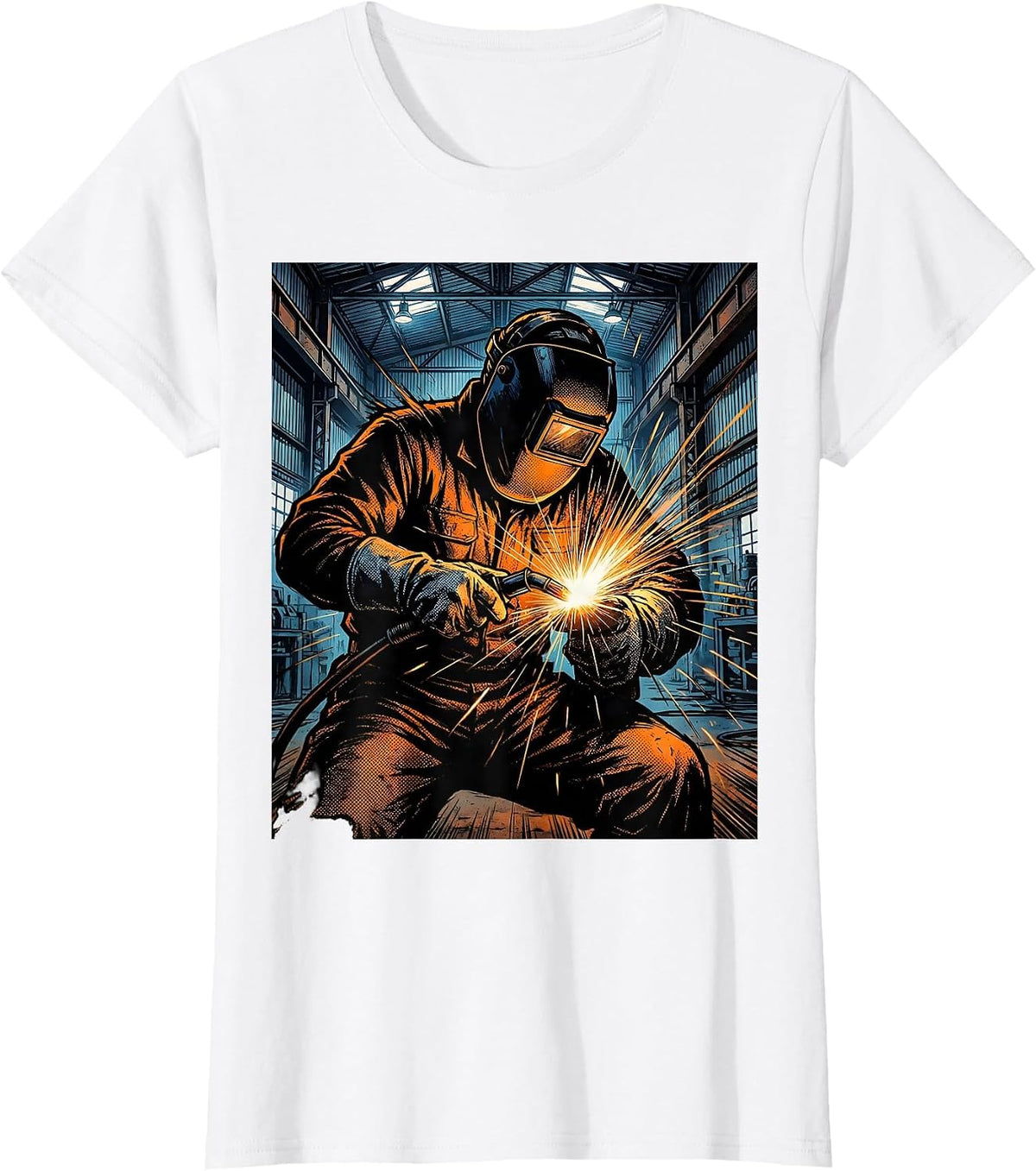 Welder Silhouette Industrial Warehouse Graphic T-Shirt - White