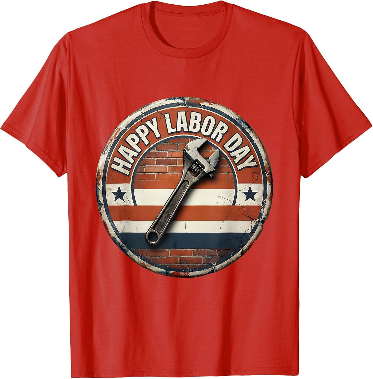 Men's Happy Labor Day Distressed Patriotic Union Worker Badge T-Shirt - Red