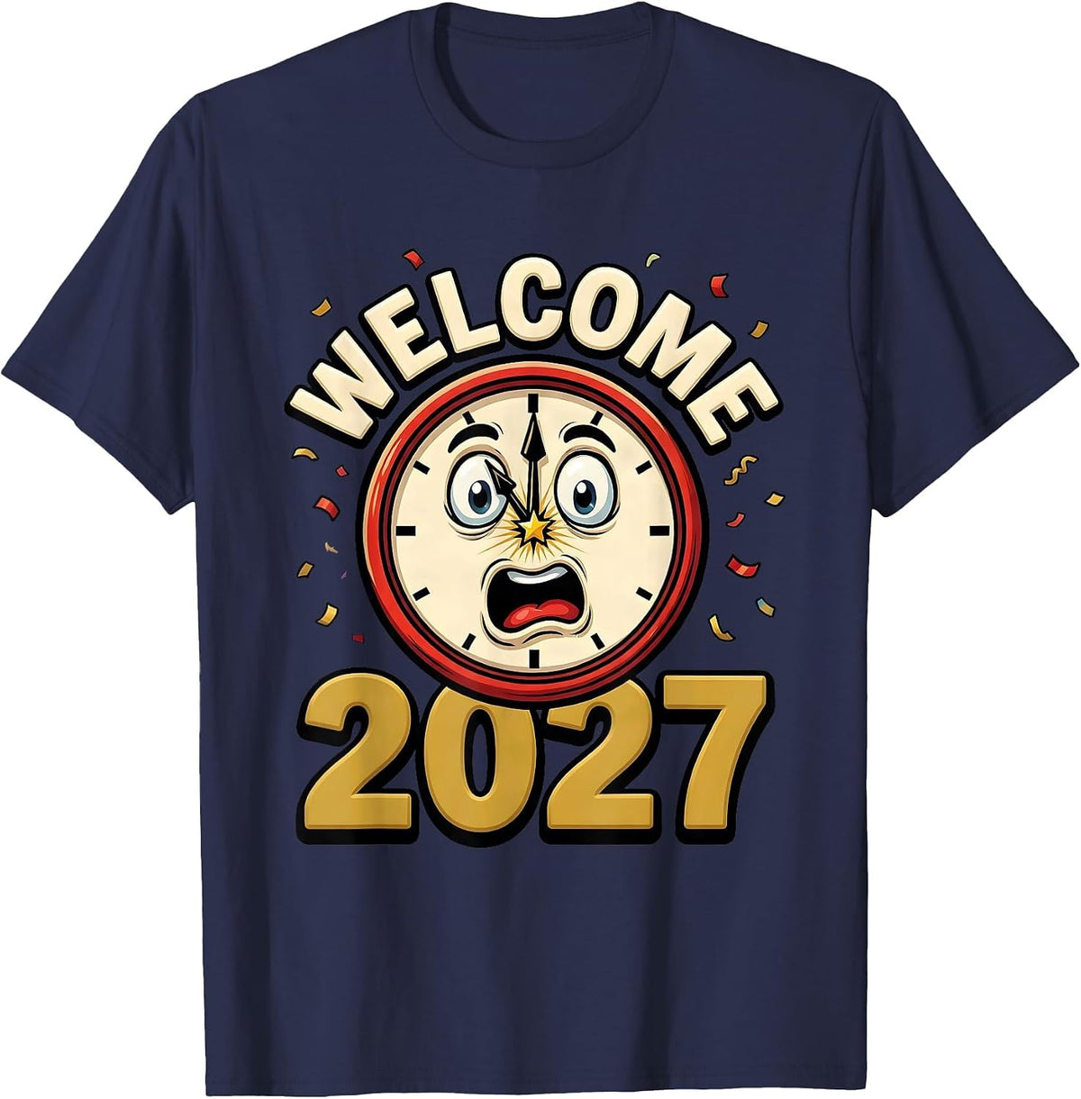 Welcome 2027 Cartoon New Year Eve Party Countdown Novelty T-Shirt - Navy Blue