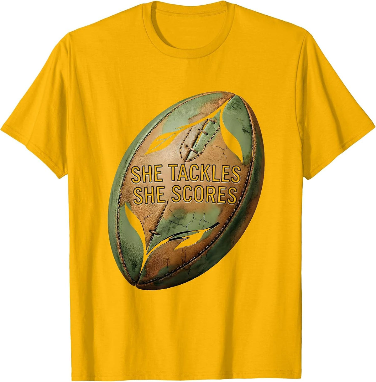 She Tackles She Scores Rugby Graphic Design T-Shirt - Golden Yellow