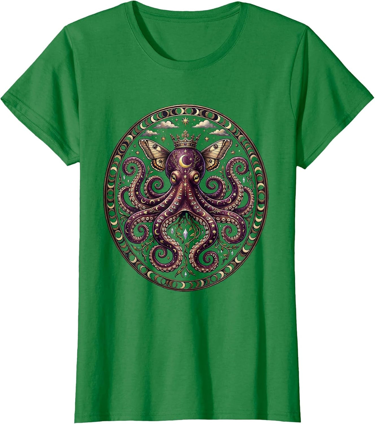 Women's Regal Octopus Wearing a Tiny Golden Crown T-Shirt - Kelly Green