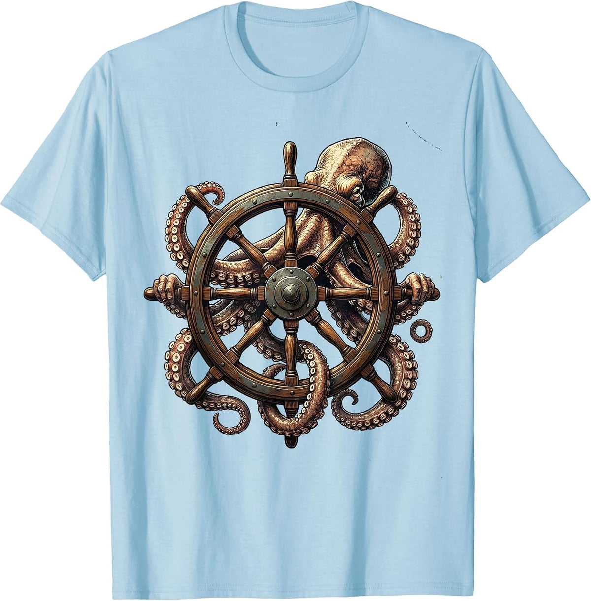Men's Octopus Tangled Around Ship Steering Wheel T-Shirt - Baby Blue