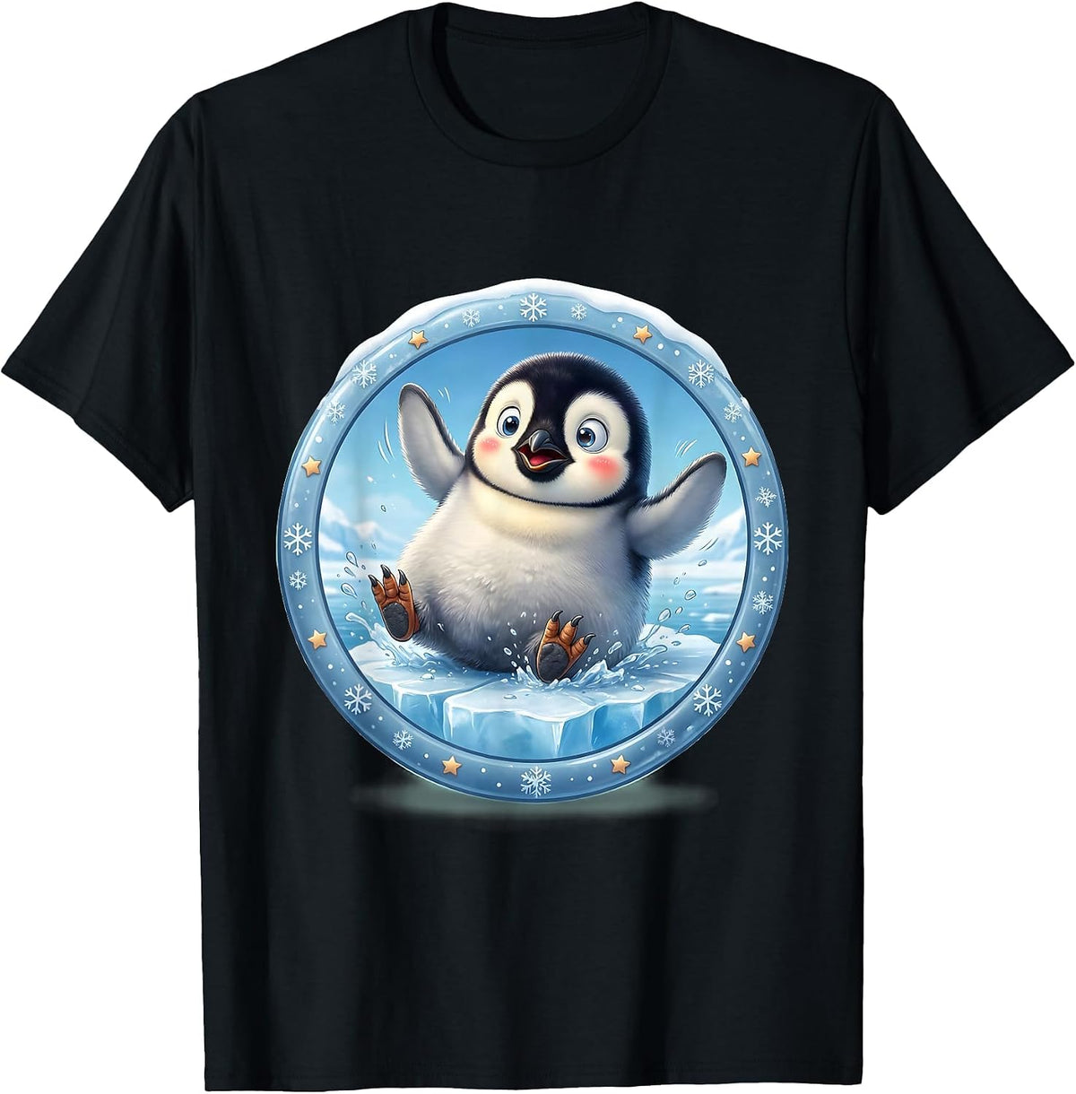 Men's Baby Penguin Slipping on Ice Funny Cute Design T-Shirt - Black
