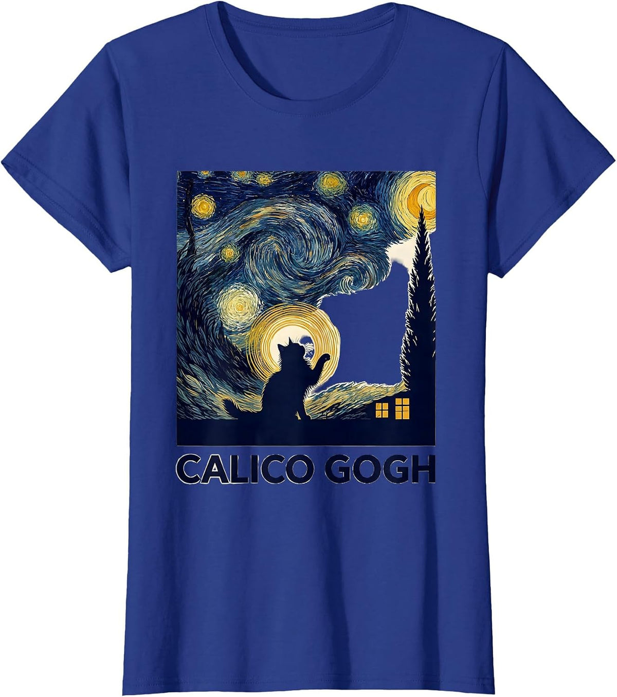 Women's Calico Gogh Silhouette Cat Lover Van Gogh Art Parody T-Shirt - Royal Blue