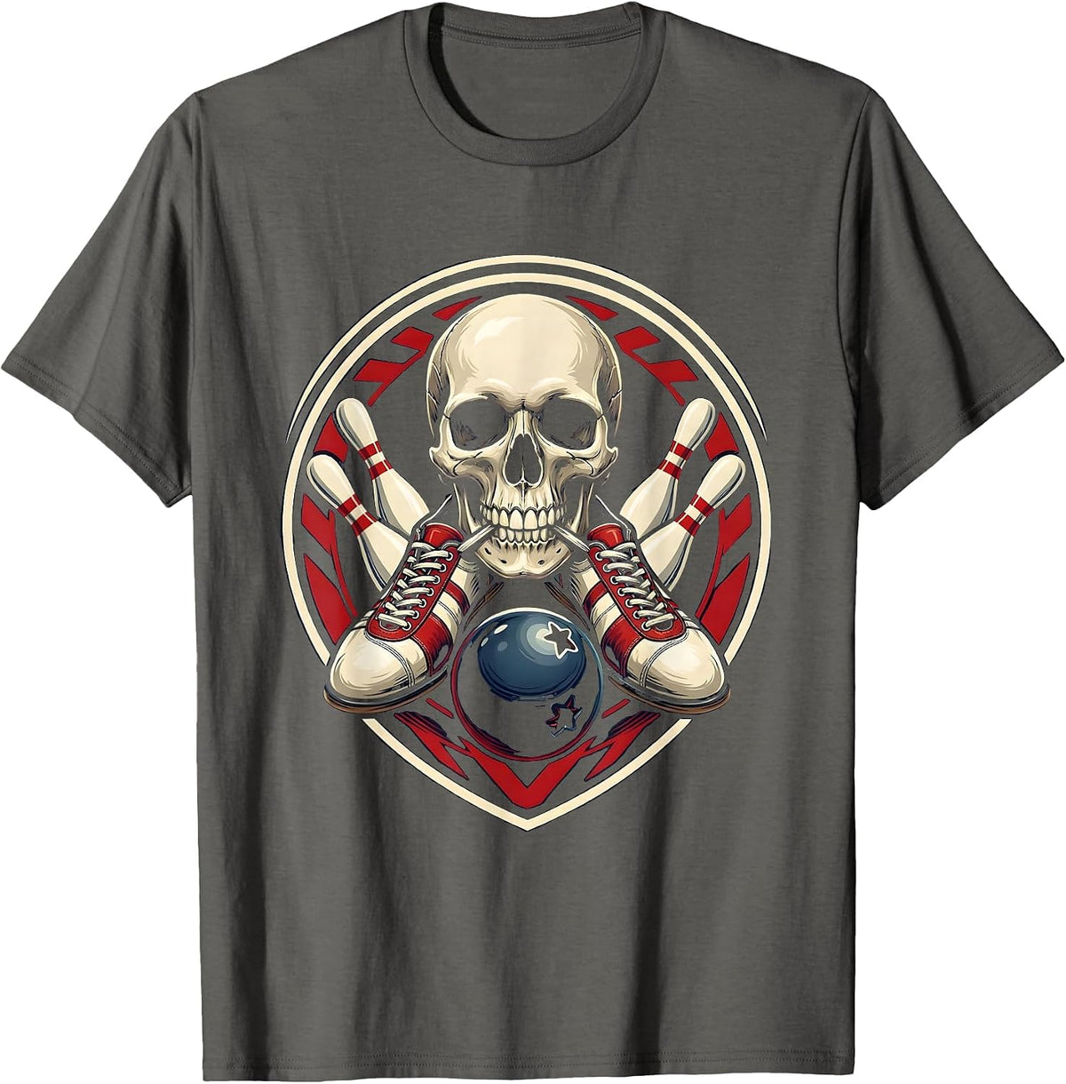 Men's Skull Bowling Shoes Graphic Tee T-Shirt - Asphalt Grey