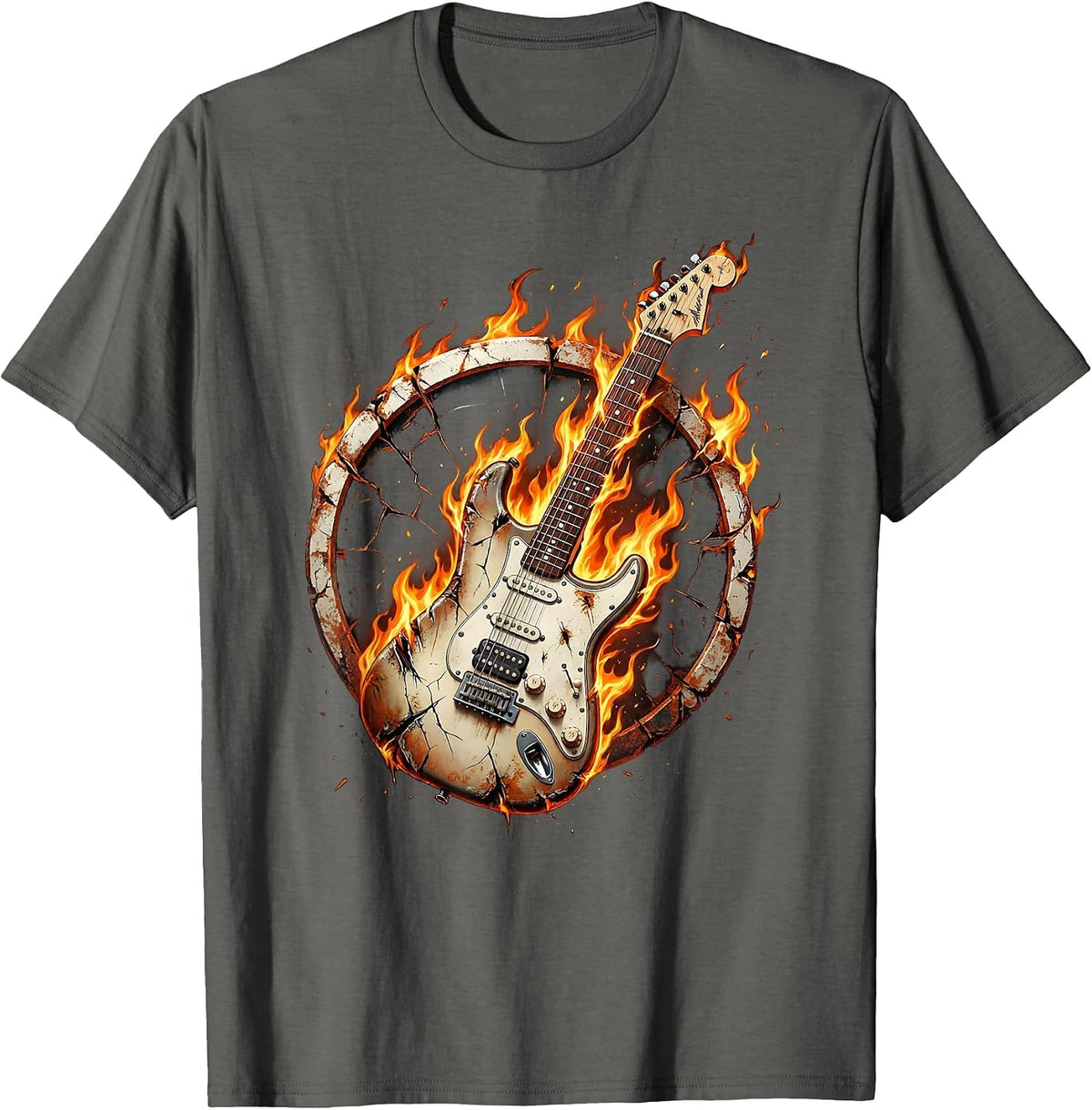 Flaming Electric Guitar Rock Music Graphic T-Shirt - Asphalt Grey