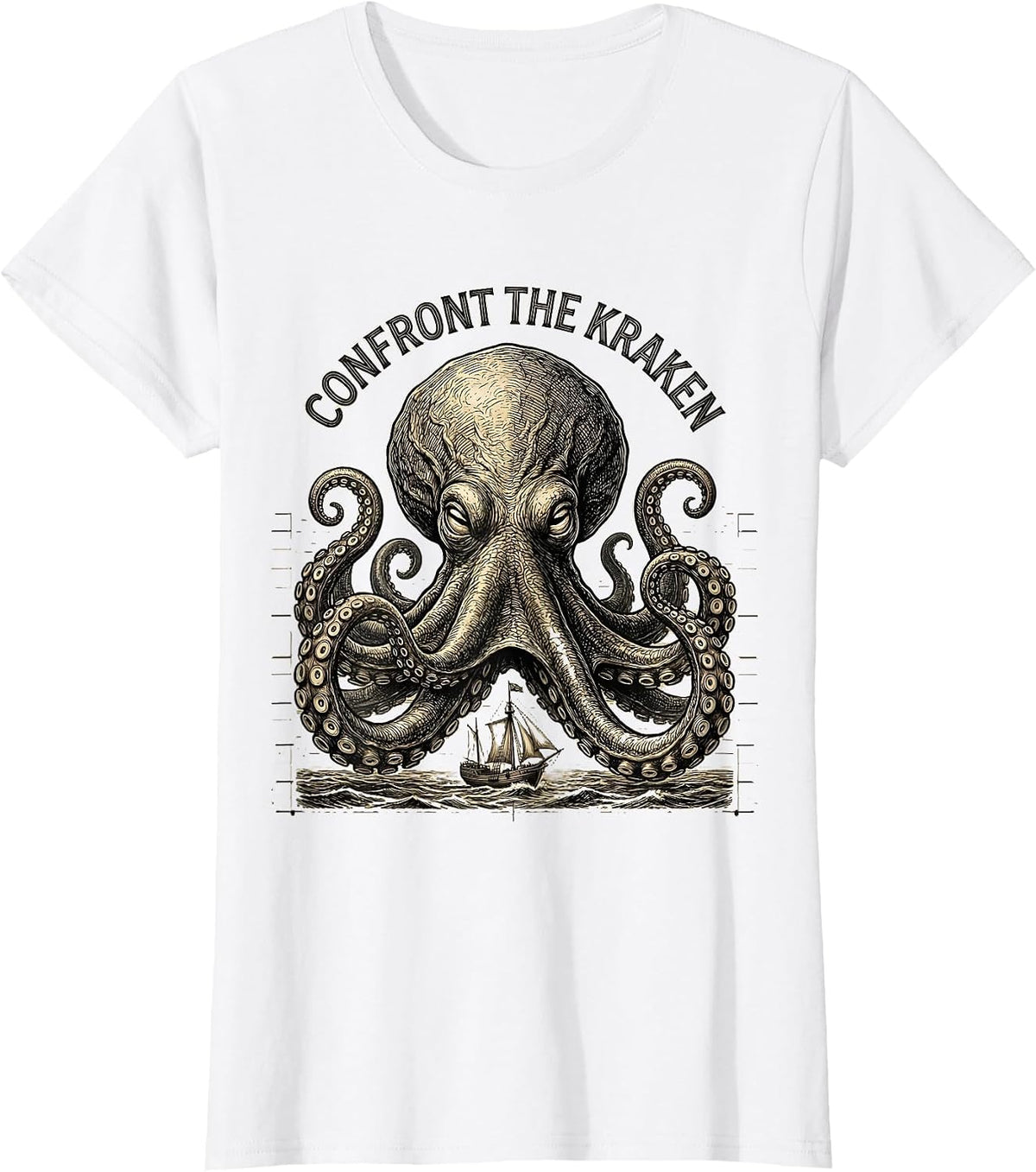 Confront The Kraken Vintage Illustration Octopus Lover Sea T-Shirt - White
