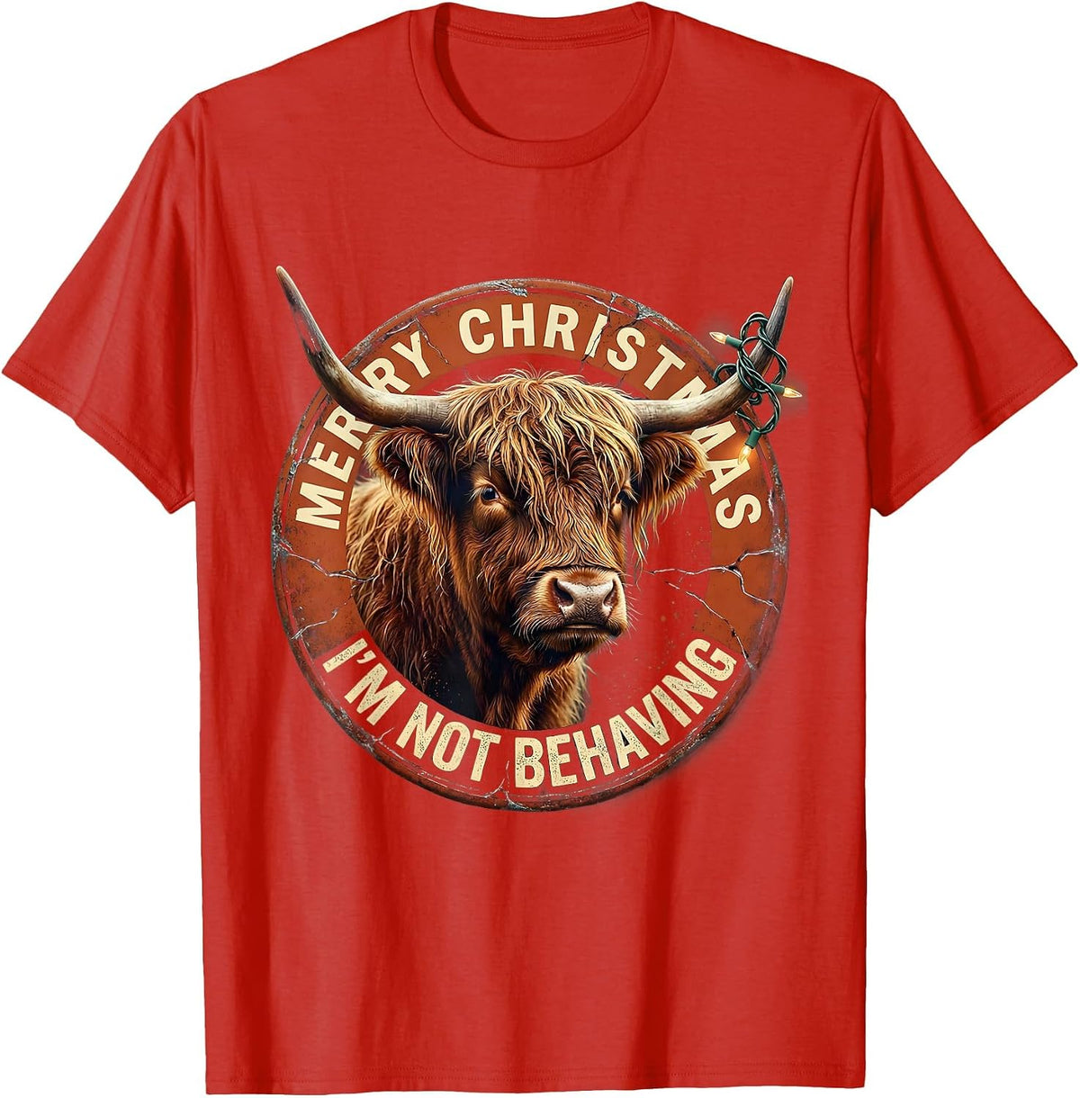 Men's Merry Christmas, I'm Not Behaving Distressed Highland Cow T-Shirt - Red