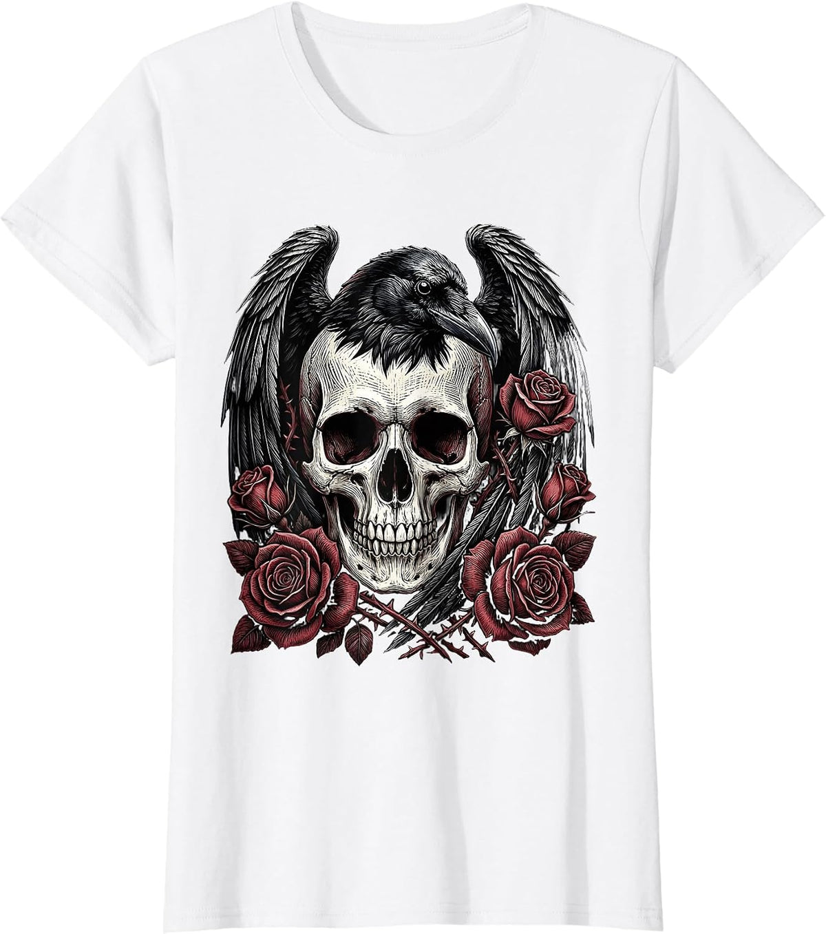 Raven Skull With Feathers and Roses Gothic Art T-Shirt - White