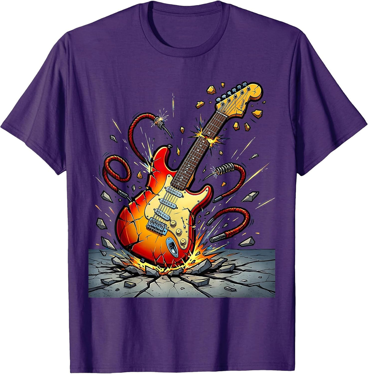 Men's Punk Guitar Smash Graphic Tee T-Shirt - Purple