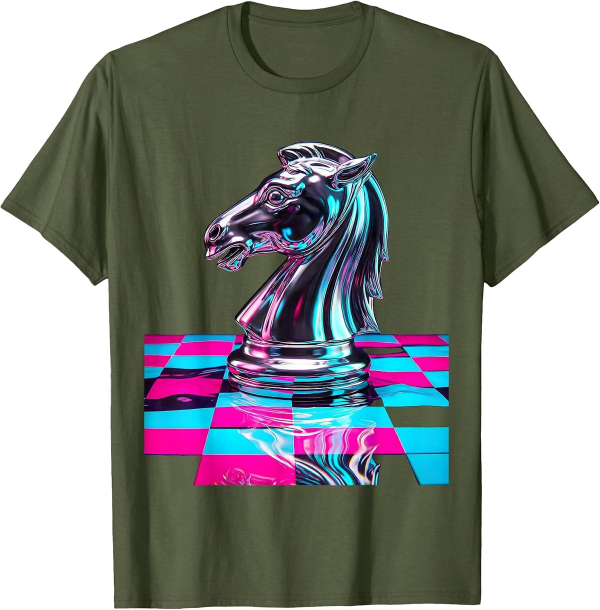 Men's Chess Knight Checkered Board Graphic Design T-Shirt - Olive Green