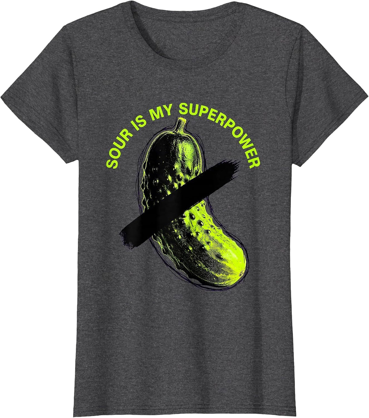 Women's Sour Is My Superpower Funny Pickle Design T-Shirt - Dark Heather Grey