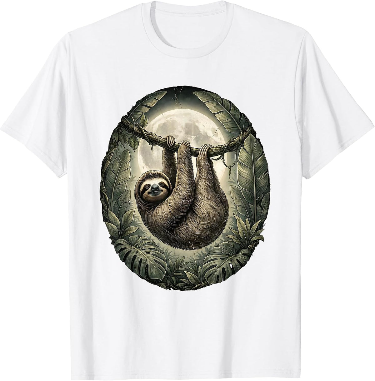 Men's Sloth Hanging from Moonlit Jungle Vine T-Shirt - White