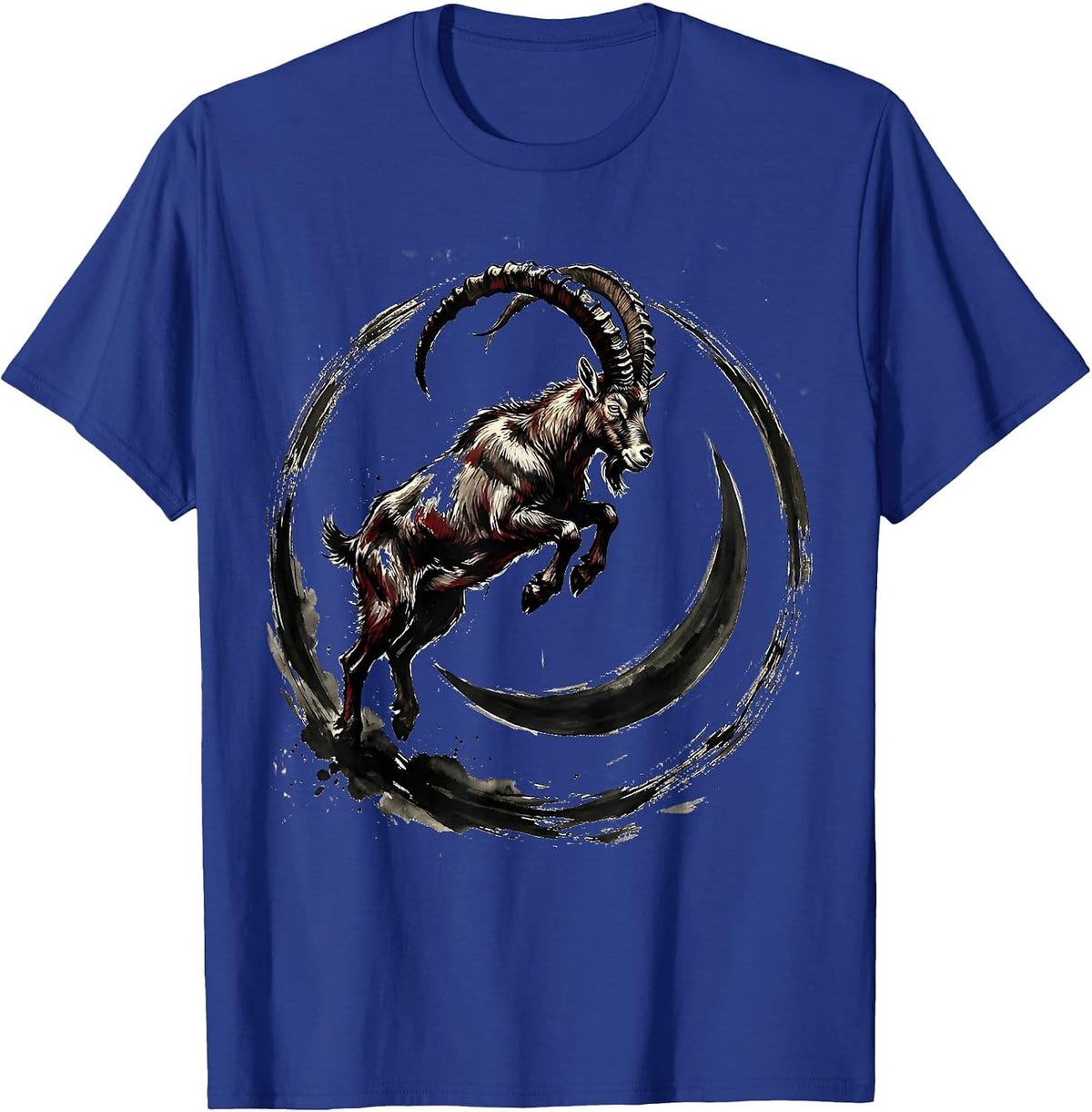 Goat Leaping Over Crescent Moon Illustration T-Shirt - Royal Blue