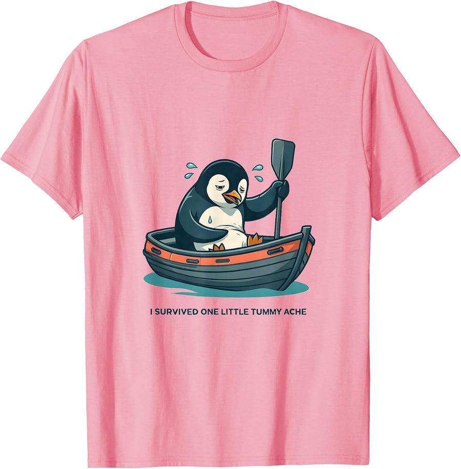 I Survived One Little Tummy Ache Funny Penguin Meme Humor T-Shirt, Men, Pink, X-Large - As Pictured
