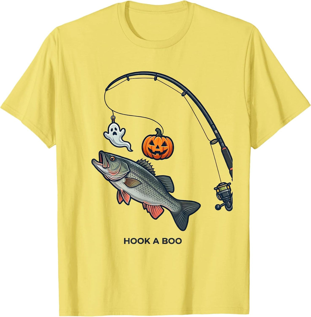 Men's Hook a Boo Flat Vector Halloween Fishing Ghost Lure T-Shirt - Lemon Yellow