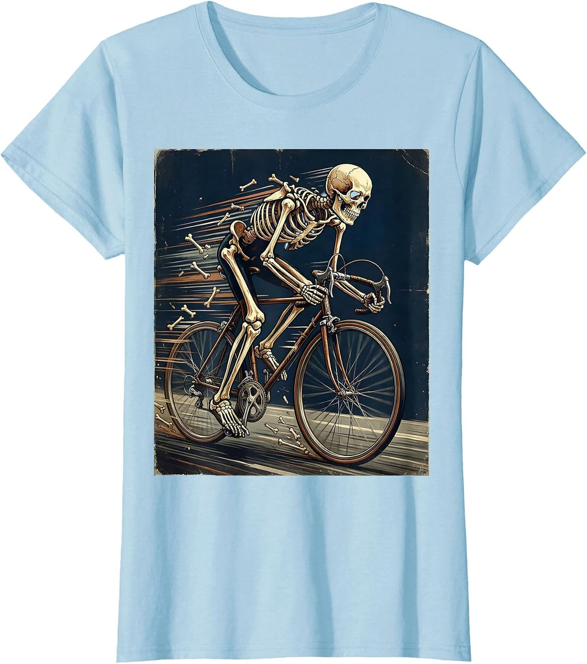 Women's Skeleton Cyclist Racing Full Speed Bike Graphic T-Shirt - Baby Blue