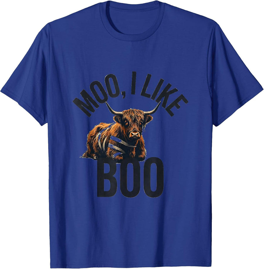Moo I Like Boo Funny Highland Cow Halloween Costume Humor T-Shirt - Royal Blue