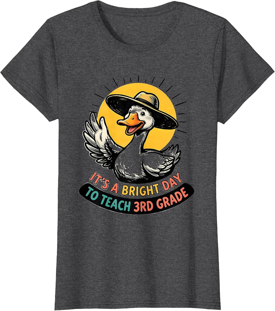 Women's It's A Bright Day To Teach 3rd Grade Cartoon Goose Teacher T-Shirt - Dark Heather Grey