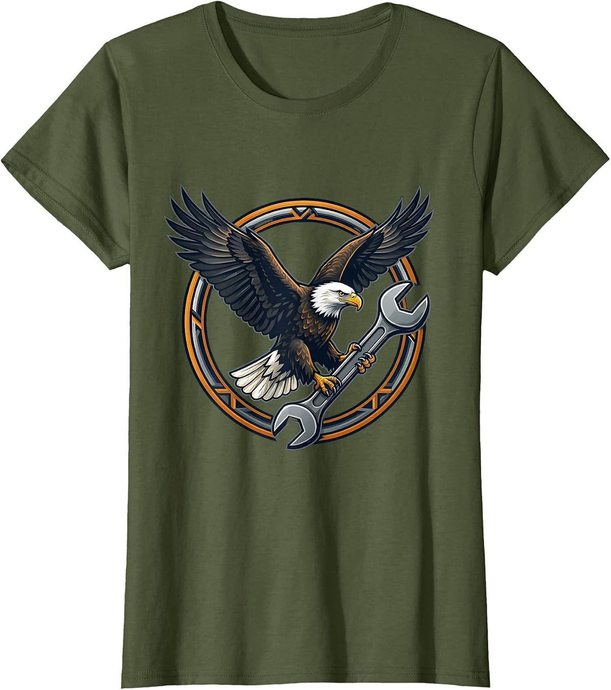 Women's Bald Eagle Carrying Wrench Triumphant Art T-Shirt - Olive Green