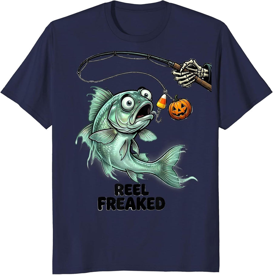 Reel Freaked Cartoon Ghost Trout Skeleton Halloween Fishing T-Shirt - Navy Blue