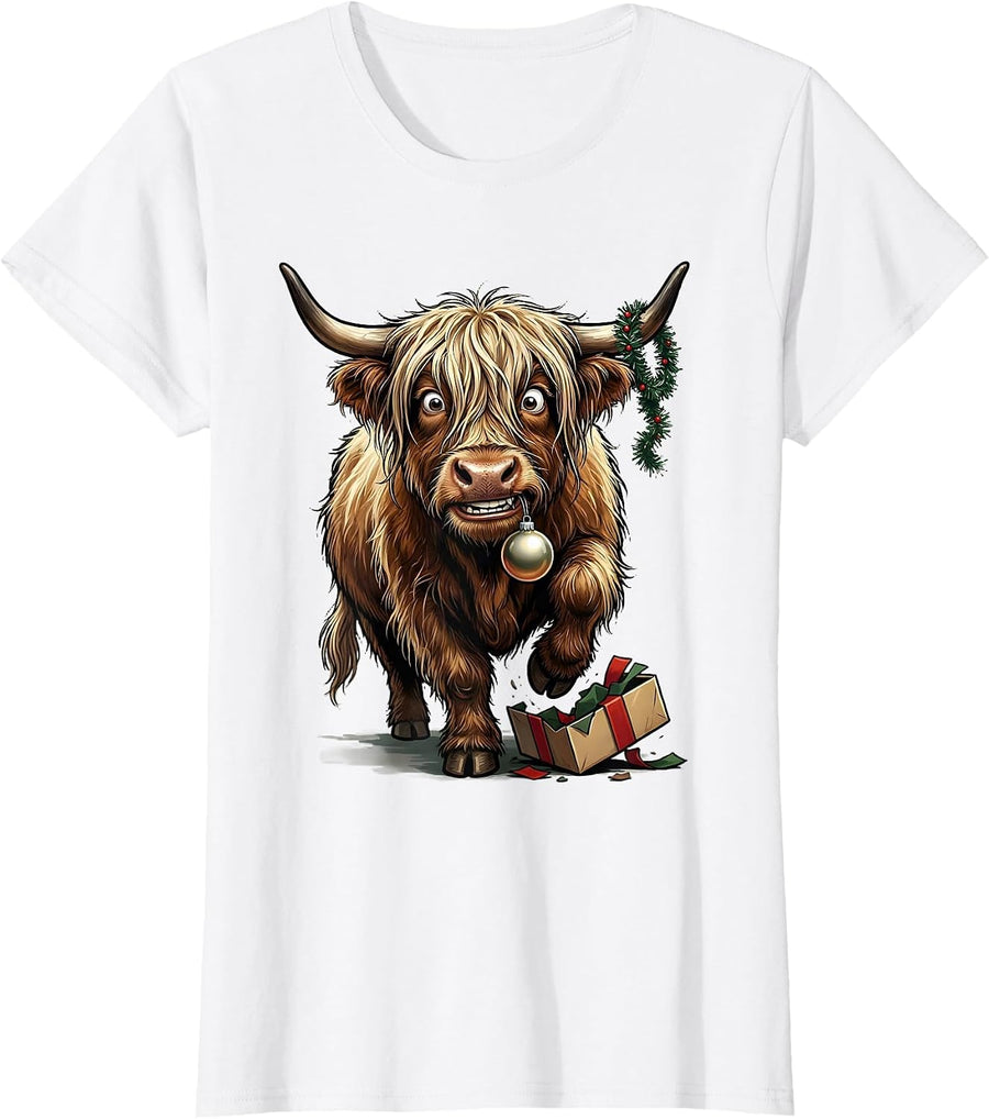 Women's Shaggy Highland Cow Christmas Ornament Cartoon Holiday Humor T-Shirt - White