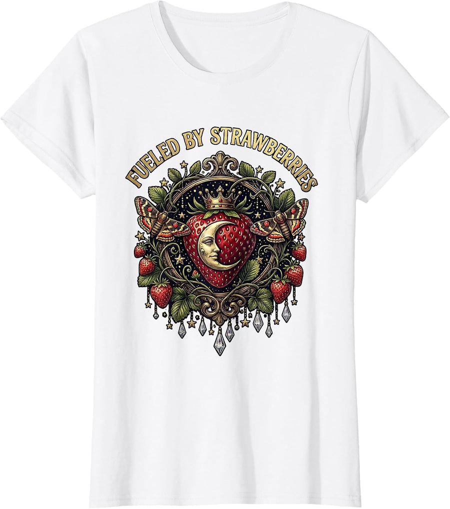 Women's Fueled By Strawberries Fruit Lover Design T-Shirt - White