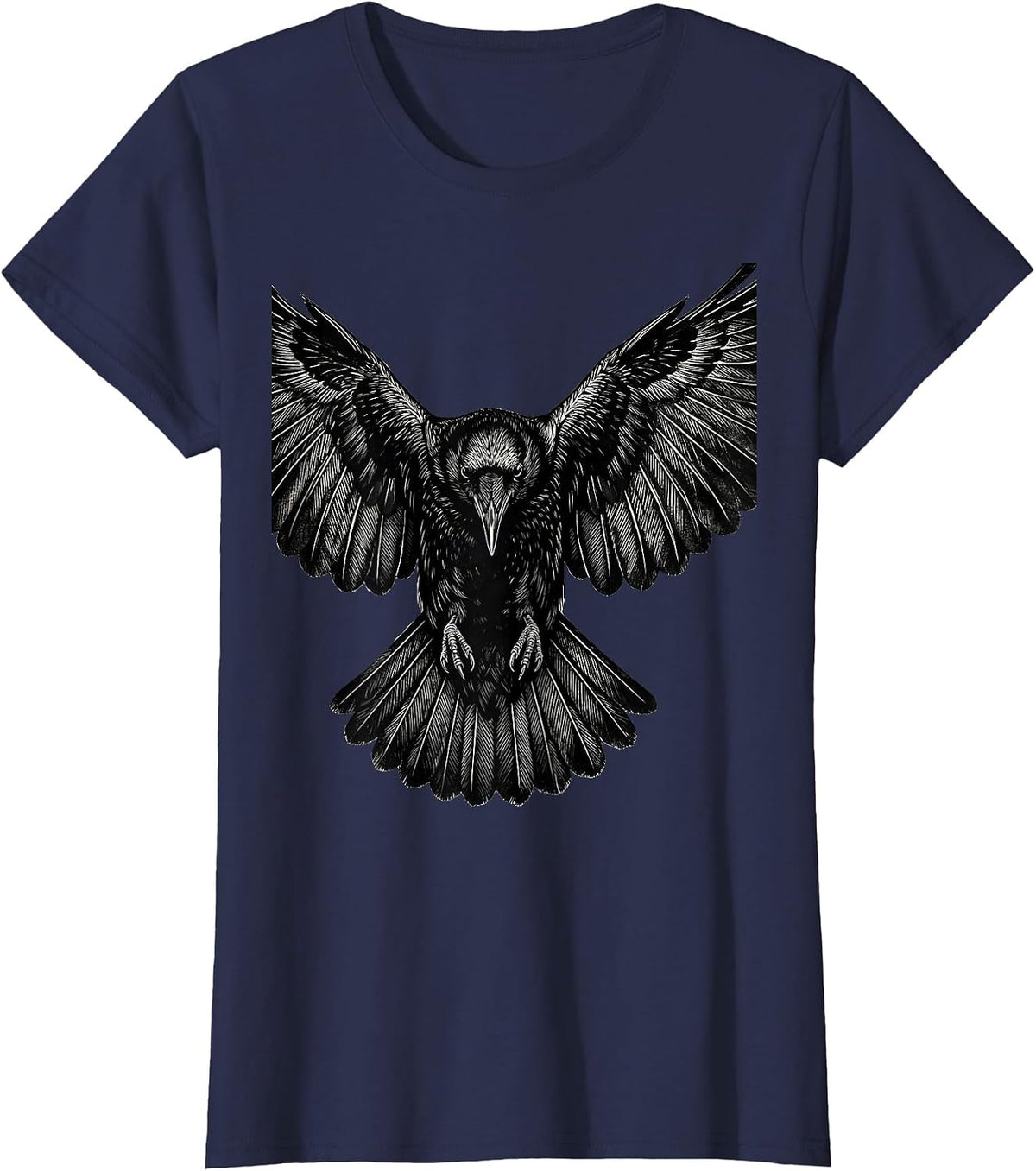 Women's Crow in Flight Overhead View Graphic Design T-Shirt - Navy Blue