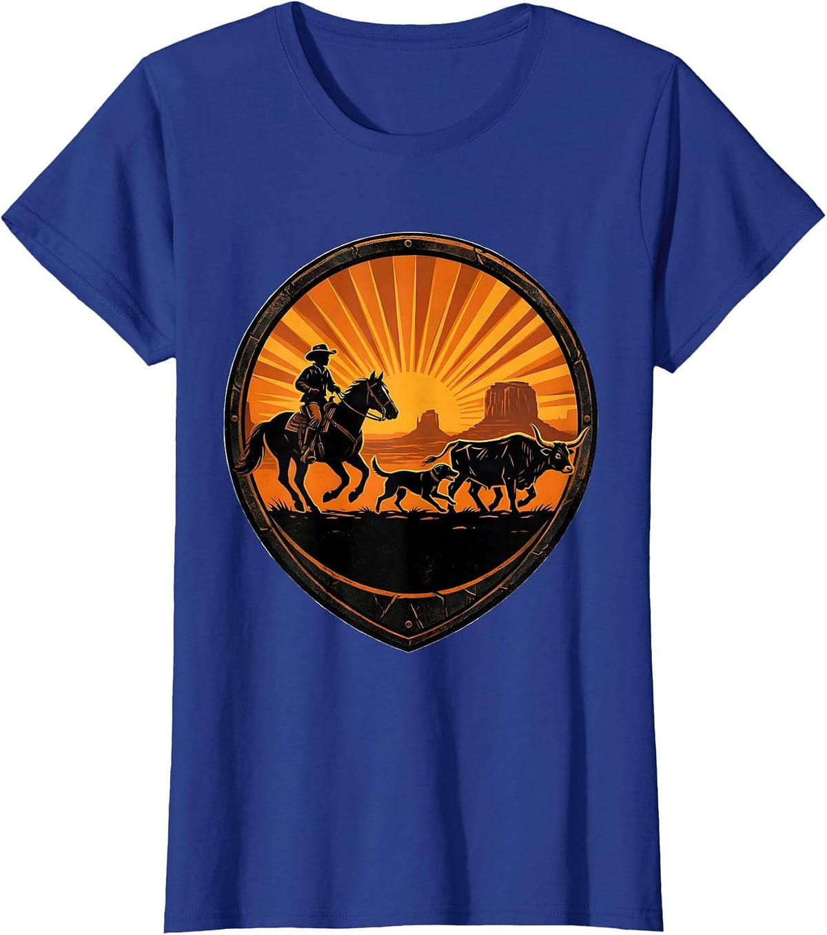 Women's Western Boy and Dog Herding Cattle at Dawn T-Shirt - Royal Blue