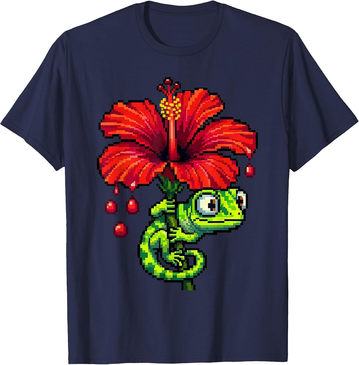 Gecko Climbing Dripping Hibiscus Hawaiian Design T-Shirt - Navy Blue