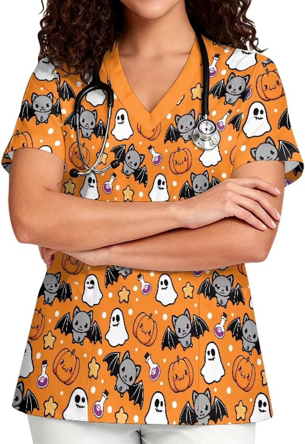 Printed Scrub Top for Women, V Neck Stretch Plus Size Work Uniform - Orange - Halloween Bat Pumpkin and Ghost Print