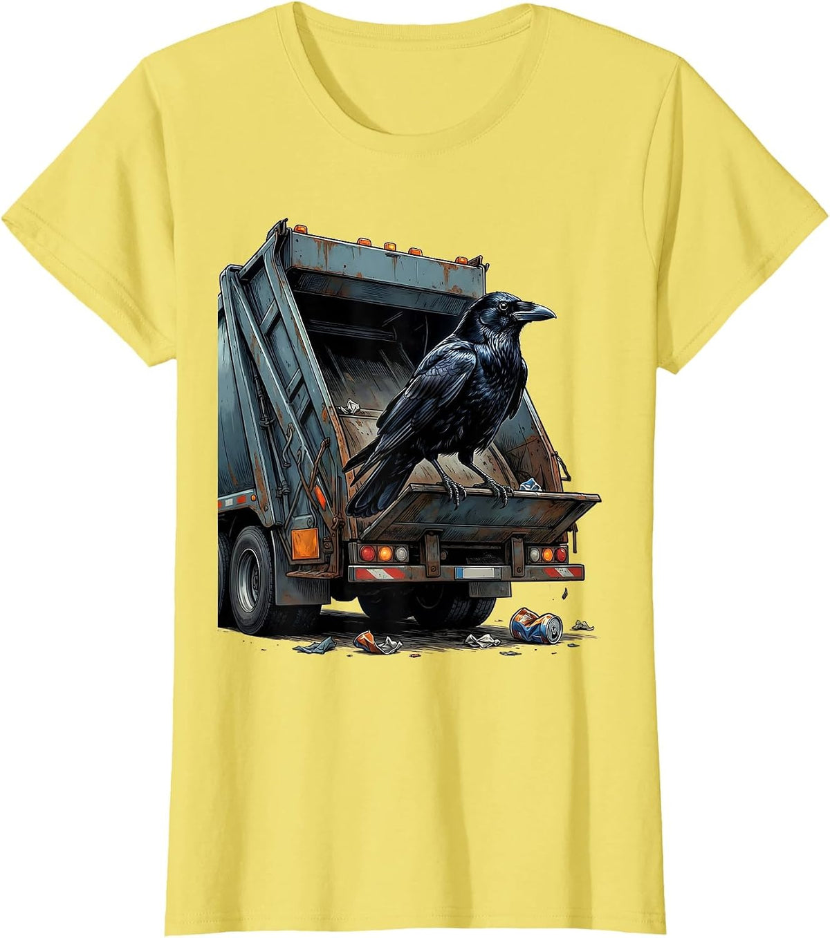 Women's Crow on Trash Truck Tailgate Graphic Tee T-Shirt - Lemon Yellow